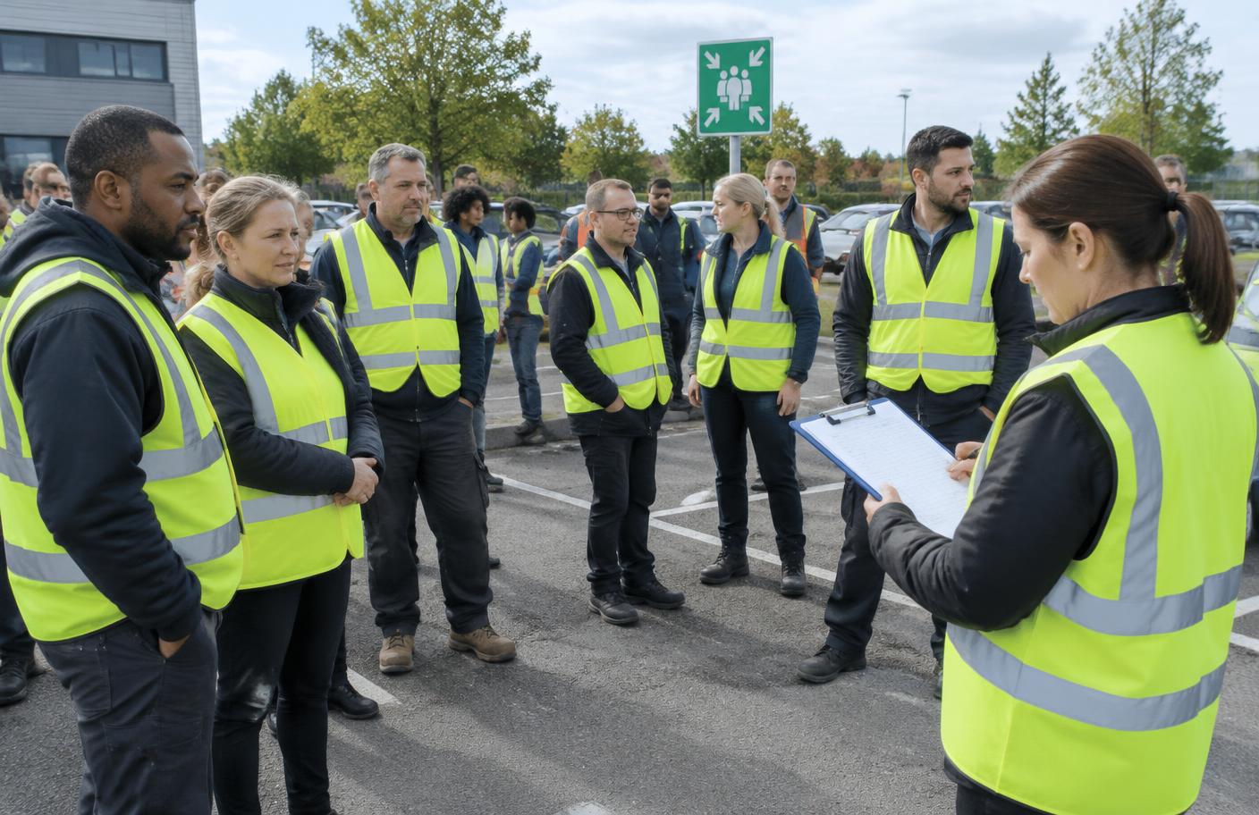 Une équipe en gilets haute visibilité au point de rassemblement, pointée par la responsable d’évacuation